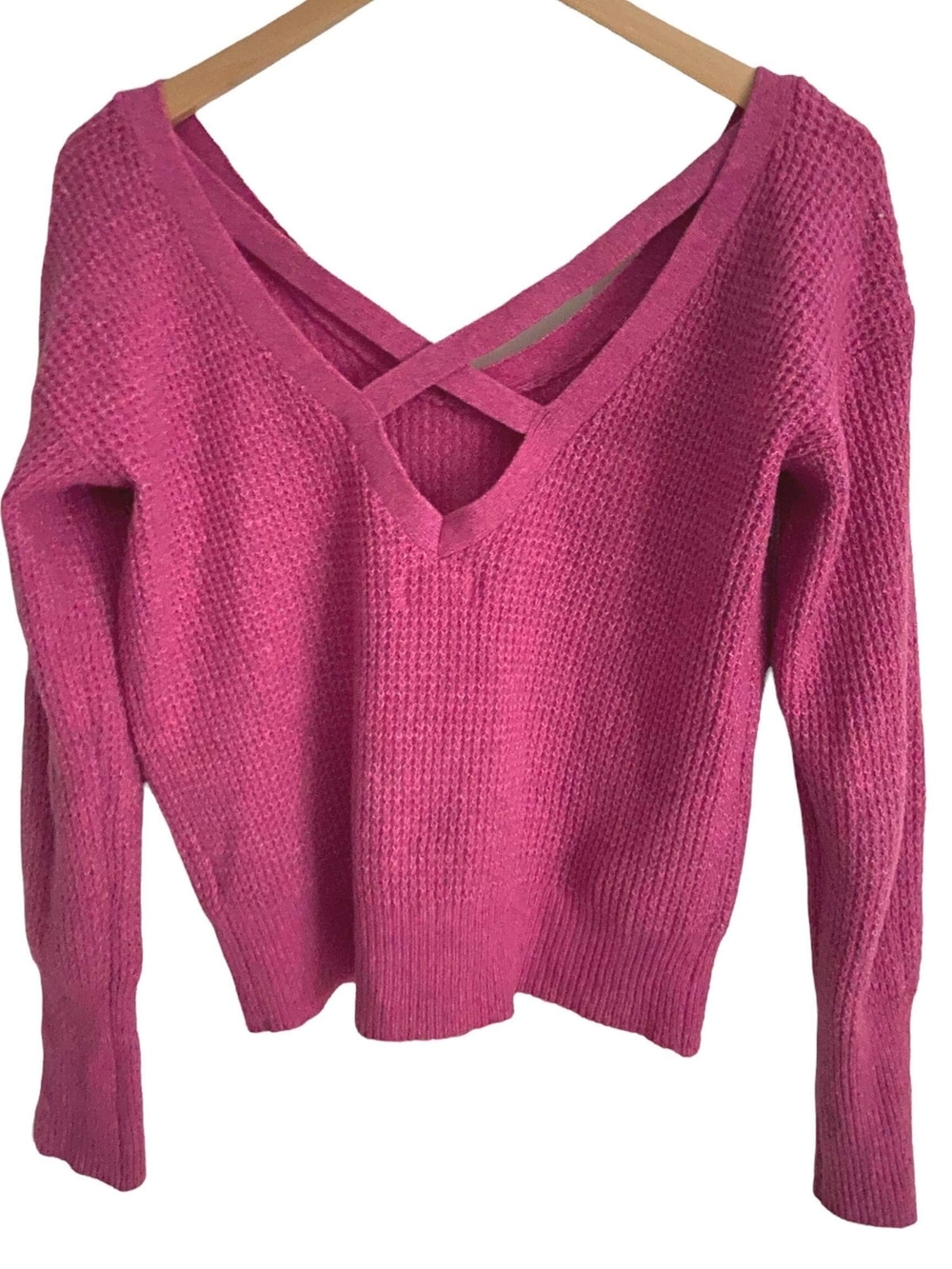 Maeve V-Neck Waffle Knit Sweater - Raspberry Pink - Picture 3 of 7